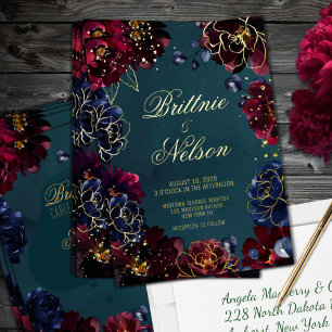 Teal Bordeaux Saphir Juwel Ton Hochzeit Gold Folieneinladung