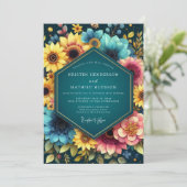 Teal Botanical Bloom Wedding Einladung (Stehend Vorderseite)