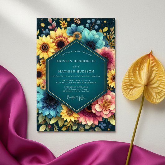 Teal Botanical Bloom Wedding Einladung