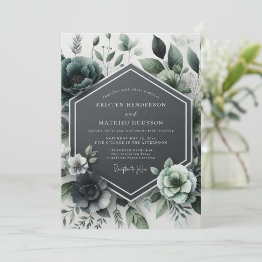 Teal Botanical Bloom Wedding Einladung (Stehend Vorderseite)