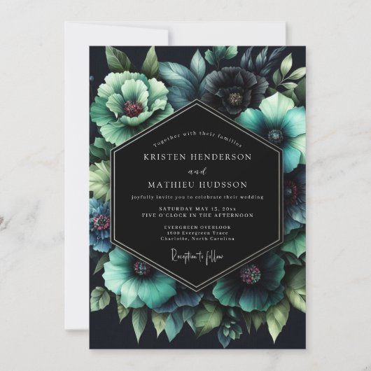 Teal Botanical Nocturne Wedding Einladung (Vorderseite)