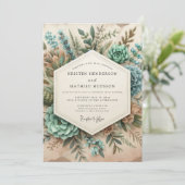 Teal Botanical Romance Wedding Einladung (Stehend Vorderseite)