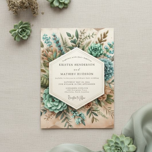 Teal Botanical Romance Wedding Einladung