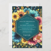 Teal Botanische Blütenhochzeit Einladung (Vorderseite)