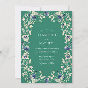 Teal Botanische Blütenpracht Romantische Hochzeit Einladung
