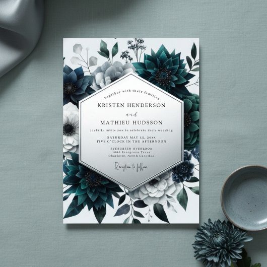 Teal Botanischer Zauber Hochzeit Einladung