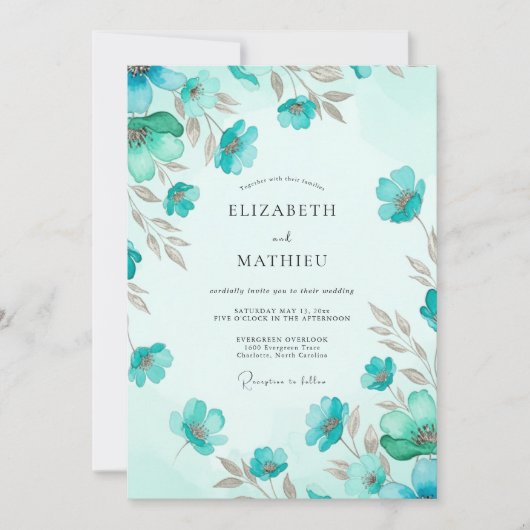Teal Breezy Meadow Hochzeit Einladung (Vorderseite)