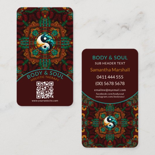 Teal Brown Earthy Eastern Yin Yang Holistic Telefonnummerkarte (Vorne/Hinten)