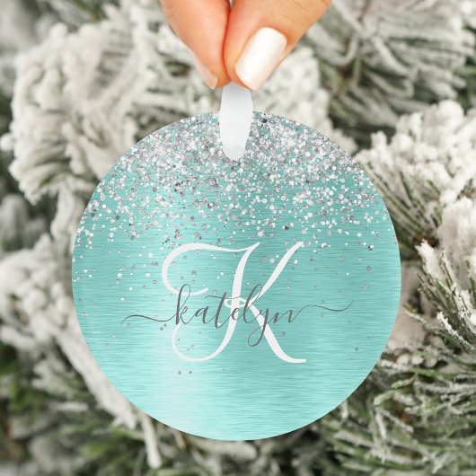 Teal Brushed Metal Silver Glitter Monogram Name Ornament