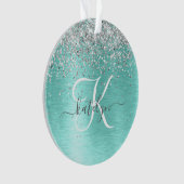 Teal Brushed Metal Silver Glitter Monogram Name Ornament (Vorderseite)