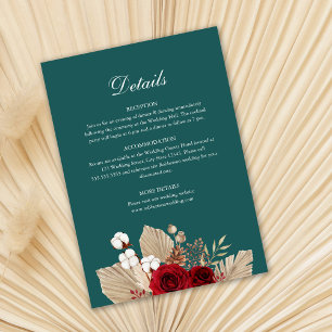Teal Burgunder Rosen Hochzeitsdetails Karte