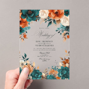 Teal, Burnt Orange und Champagner Blumen Hochzeit Acryleinladungen