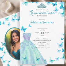 Teal Butterflies Dress Tiara Photo Quinceanera