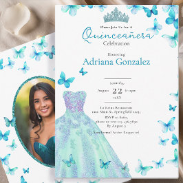 Teal Butterflies Dress Tiara Photo Quinceanera Einladung