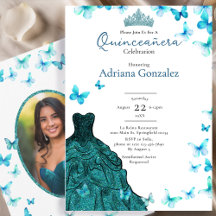 Teal Butterflies Dress Tiara Photo Quinceanera