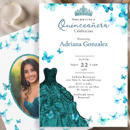 Teal Butterflies Dress Tiara Photo Quinceanera Einladung