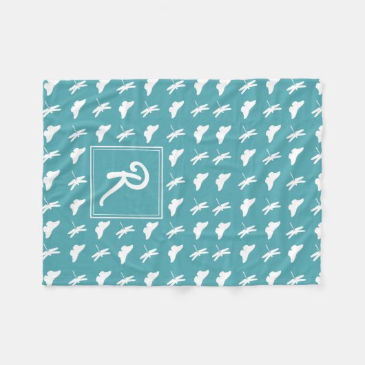 Teal Butterfly and Dragonfly Pattern Monogram Fleecedecke (Vorderseite (Horizontal))