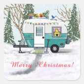 Teal Camper Christmas Quadratischer Aufkleber (Vorderseite)