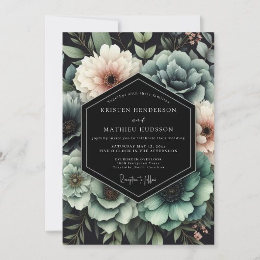 Teal Chiaroscuro Bloom Hochzeit Einladung (Vorderseite)