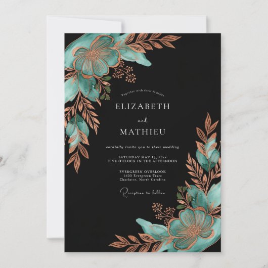 Teal Copper Botanical Bloom Wedding Einladung (Vorderseite)