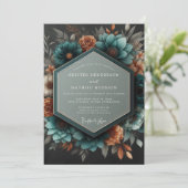 Teal Copper Dramatic Botanical Wedding Einladung (Stehend Vorderseite)