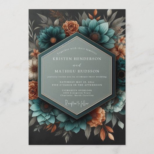 Teal Copper Dramatic Botanical Wedding Einladung (Vorderseite)
