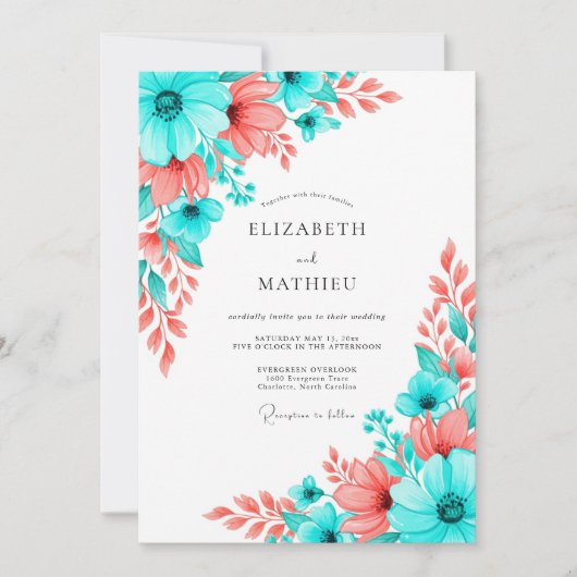 Teal Coral Artistic Bloom Wedding Einladung (Vorderseite)