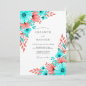 Teal Coral Artistic Bloom Wedding Einladung (Stehend Vorderseite)