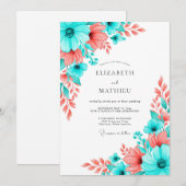 Teal Coral Artistic Bloom Wedding Einladung (Vorne/Hinten)