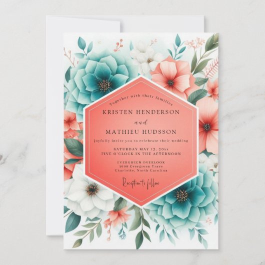 Teal Coral Bloom Romance Wedding Einladung (Vorderseite)