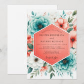 Teal Coral Bloom Romance Wedding Einladung (Vorne/Hinten)