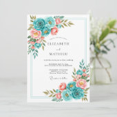 Teal Coral Bloom Romance Wedding Einladung (Stehend Vorderseite)