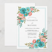 Teal Coral Bloom Romance Wedding Einladung (Vorne/Hinten)
