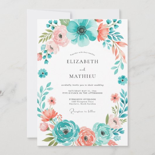 Teal Coral Botanical Bloom Wedding Einladung (Vorderseite)