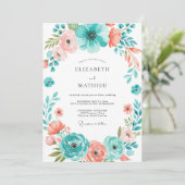 Teal Coral Botanical Bloom Wedding Einladung (Stehend Vorderseite)