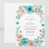 Teal Coral Botanical Bloom Wedding Einladung (Vorne/Hinten)