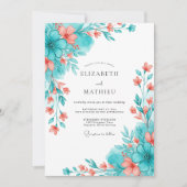 Teal Coral Botanical Romance Wedding Einladung (Vorderseite)