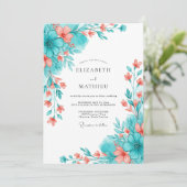 Teal Coral Botanical Romance Wedding Einladung (Stehend Vorderseite)