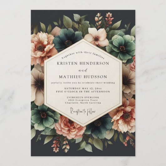 Teal & Coral Dramatic Floral Wedding Einladung (Vorderseite)