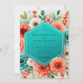 Teal Coral Floral Whimsy Wedding Einladung (Vorderseite)