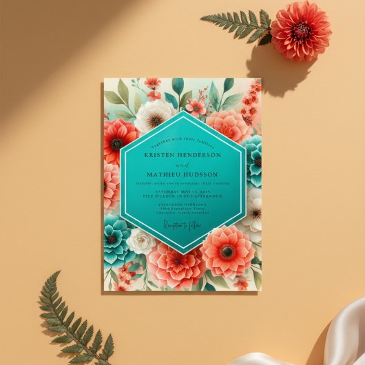 Teal Coral Floral Whimsy Wedding Einladung