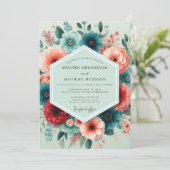 Teal Coral Flourish Wedding Einladung (Stehend Vorderseite)