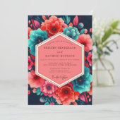 Teal Coral Lush Bloom Wedding Einladung (Stehend Vorderseite)