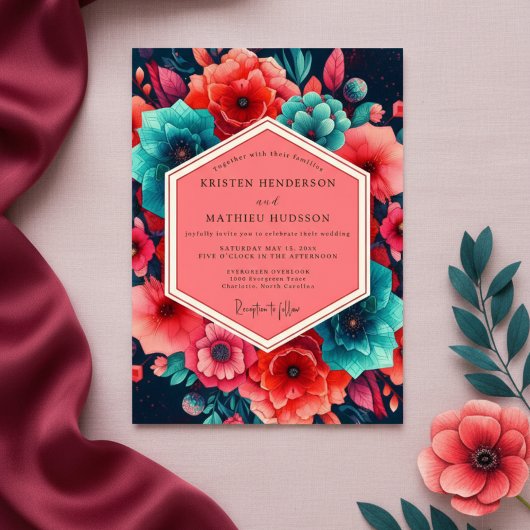 Teal Coral Lush Bloom Wedding Einladung