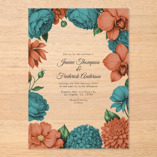 Teal & Coral Modern Botanical Wedding Acryleinladungen (Vorderseite)