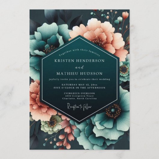 Teal Coral Moody Bloom Wedding Einladung (Vorderseite)