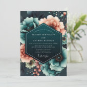 Teal Coral Moody Bloom Wedding Einladung (Stehend Vorderseite)