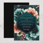 Teal Coral Moody Bloom Wedding Einladung (Vorne/Hinten)