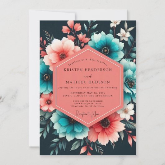 Teal Coral Painterly Bloom Wedding Einladung (Vorderseite)
