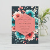 Teal Coral Painterly Bloom Wedding Einladung (Stehend Vorderseite)